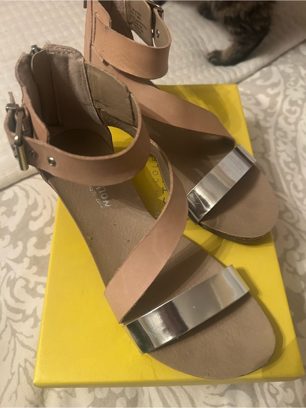 Women's Nude Ankle-Strap Sandals with Gold Accent.